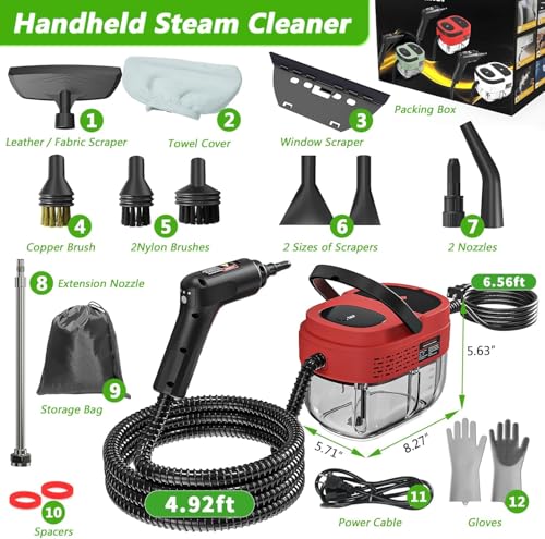 Image of Handheld Steam Cleaner, 2500W High Pressure Steamer for Cleaning, Portable Steam Cleaner with 1.6L Water Tank, 3 Levels Adjustable Handle, Steam Cleaner for Home, Car, Furniture, Bed Bugs (Red)