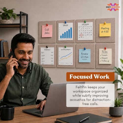Image of MMT Acoustix 8Pcs Felt Bulletin Board, 30x30cm Self-Adhesive | Office, Study Room, Walls Felt Message Board for Notes, Photos, Schedules Arabian Sand