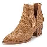 FISACE Womens V Cut Out Ankle Boot Pointed Toe Snakeskin Chunky Stacked Mid Heel Booties