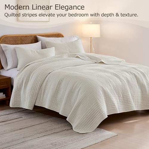 Image of palassio Striped Beige 100% Cotton Quilt Queen Size Bedding Sets, Lightweight Crinkly Channel Pick Stitch Textured Bedspread Soft Shabby Chic Farmhouse Country Coverlet for All Season, 2 Shams