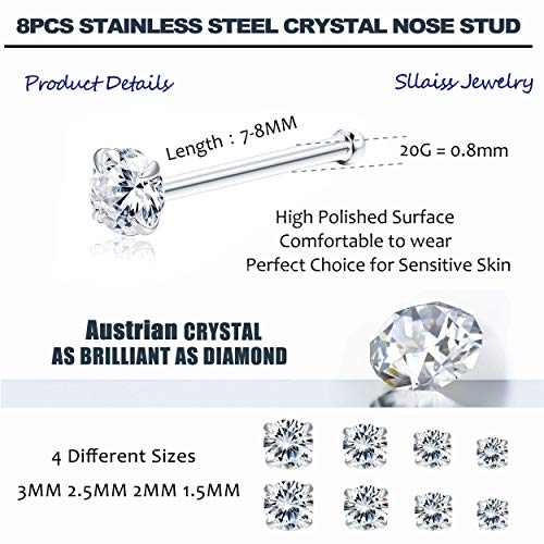 Sllaiss 8 Pcs 20G Nose Ring Studs Made With Austrian Crystal For Women Stainless Steel 1.5Mm 2Mm 2.5Mm 3Mm Nose Piercings Set Body Jewelry Hypoallergenic #TOP1