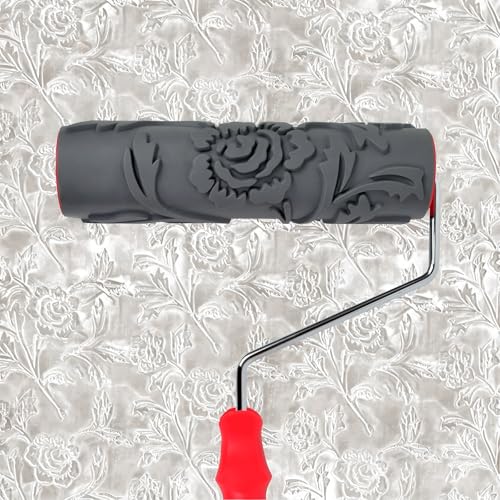 BANCOO 10'' Rubber Graceful Lively Floral Texture Embossed Roller – DIY Textured Wall Decor Tool for Home Renovation & Household Art Craft (BC732L)