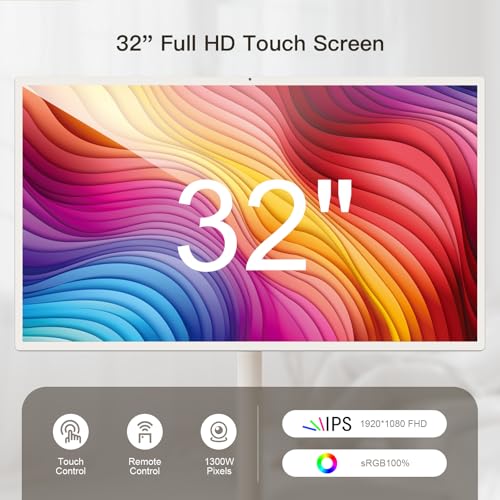 Image of 32-Inch Portable Touch Screen Monitor, 1080P Portable TV on Wheels with 13MP Integrated Camera, 6G RAM+128G Storage, Android OS, Built-in Battery(6-7H), Full Swivel Rotation, Voice Remote Control