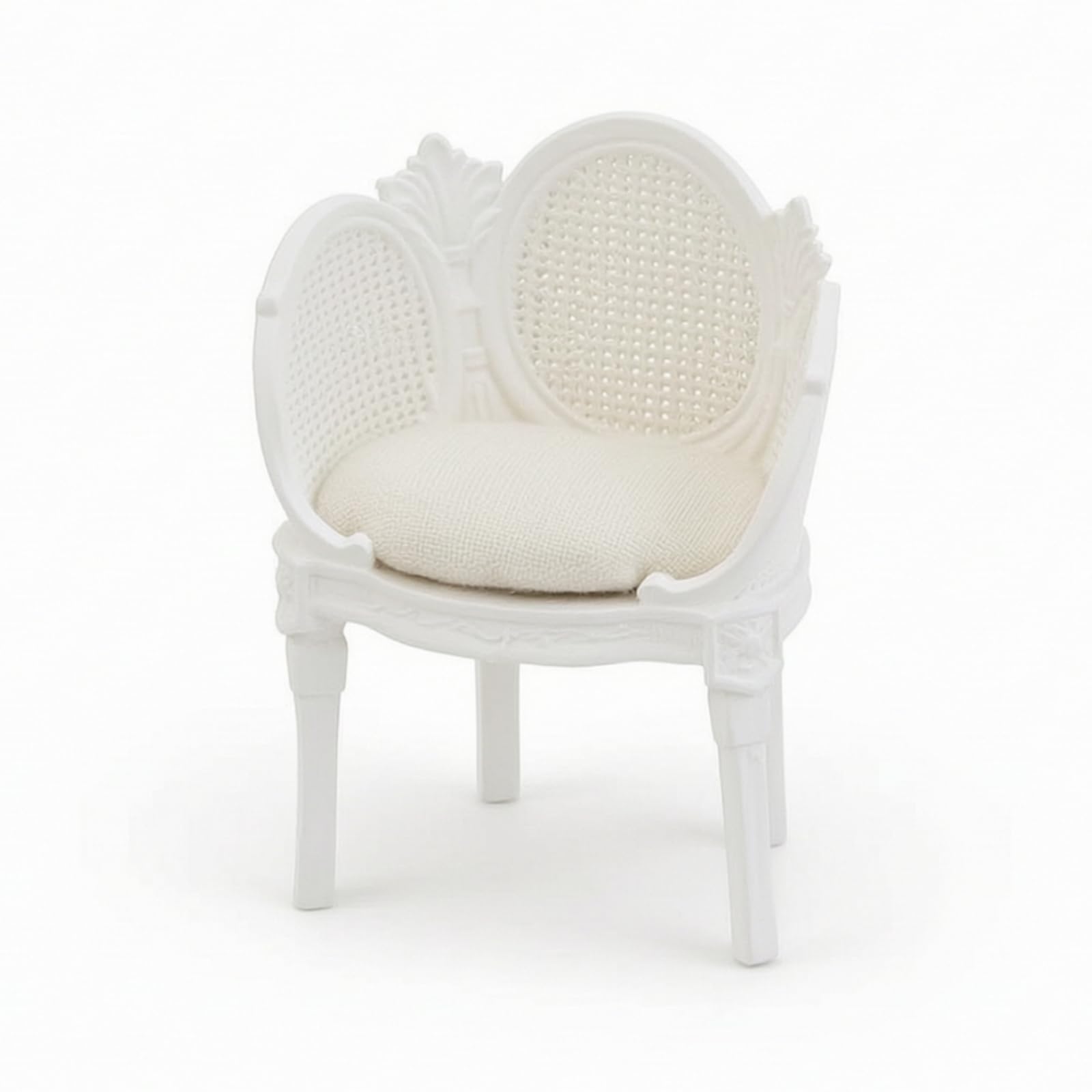 Sofá casa muñecas con cojín y sillón en miniatura de ratán blanco para maquetas vintage 8