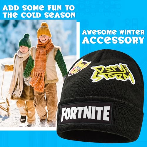 Fortnite Mütze Kinder Jungen, Warme Beanie Wintermütze, Strech-Material, Winter Zubehör, Gamer Geschenke für Jungs & Teenager (6-14 Jahre, Schwarz)