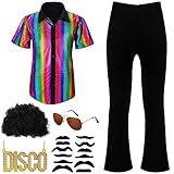 Bonuci 17 Pcs Boy's 70s Disco Costume Sequin Shirt Bell Bottom with Wig Sunglasses Disco Necklace 12 Fake Beard(Size 8)