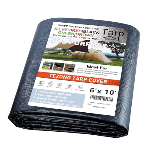 TEZONG Heavy Duty Waterproof Tarp 6x10ft - 16Mil Black Tarpaulin for Grill Cover, Camping, Patio Furniture, Emergency Rain Protection