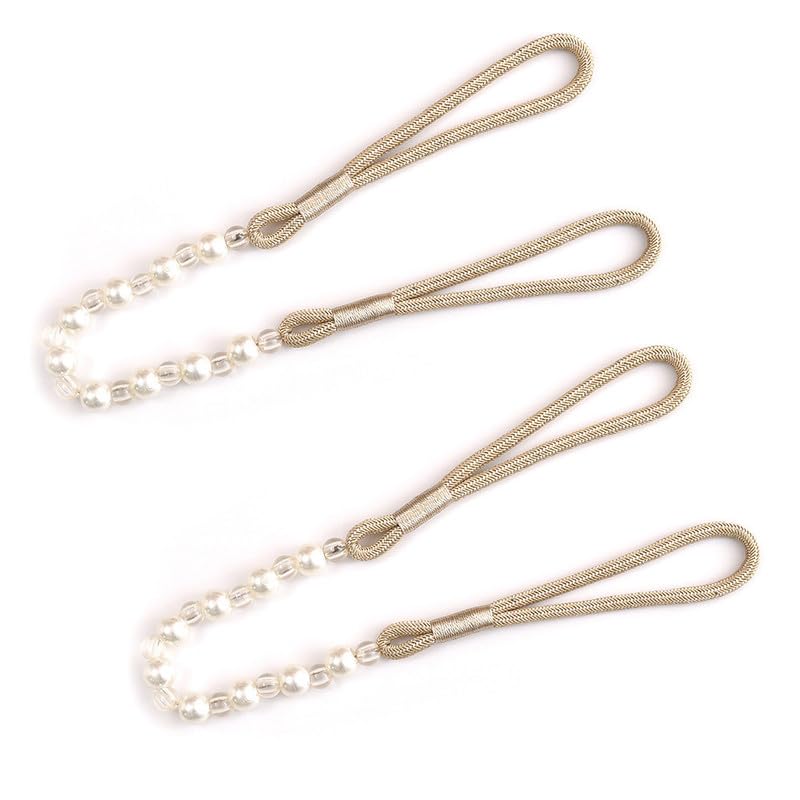 2 Pieces 80cm Pearl Curtain Tied Rope Beige Bead Curtain Straps Pearl Tie Backs for Window Home & Office Drapery