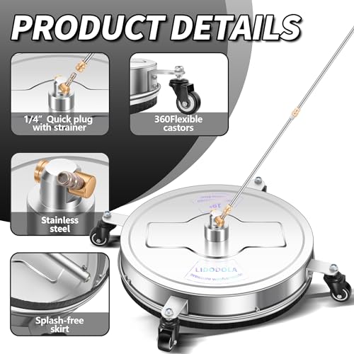 19" Pressure Washer Surface Cleaner with 4 Wheels - Stainless Steel Surface Cleaner for Pressure Washer Attachment for Concrete, Patio, Sidewalk, Deck, Driveways and Daily Washing - PWS 19 by LidoDola - Image 3