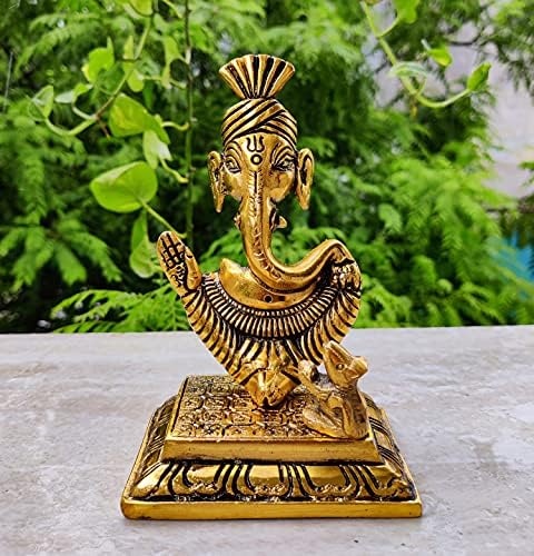 Lord Ganesha with mouse Figurine for Home temple mandir - Ganesh Statue for Ganesh Chaturthi - Hindu God Indian pooja decoration Item - Ganpati idol for car