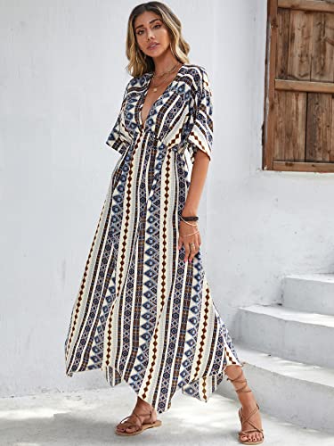 Wdirara Women's Geometric Deep V Neck A Line Short Sleeve Asymmetrical Flare Maxi Dress Apricot L #TOP3