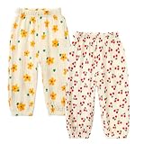 2er Pack Kinder Jungen Mädchen Pumphose Sommer Baumwoll Leinenhose Leichte Atmungsaktive Anti-Moskito Bloomers Cartoon Lässige Hose(Gelbe Blumen und Kirschen,130)