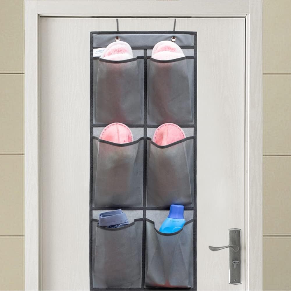Over The Narrow Door Shoe Organizer Hanging 6 Large Fabric Pockets Back Door Shoe Holder for Closet with 2 Hooks (GREY)