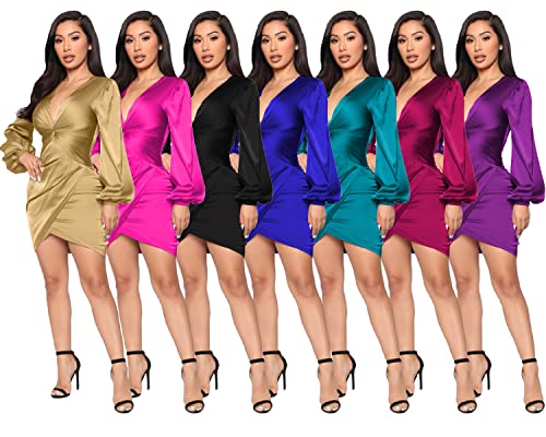 Image of FairyLove Women's Elegant Empire Waist Long Sleeve Wedding Guest Party Cocktail Bodycon Irregular Satin Dresses