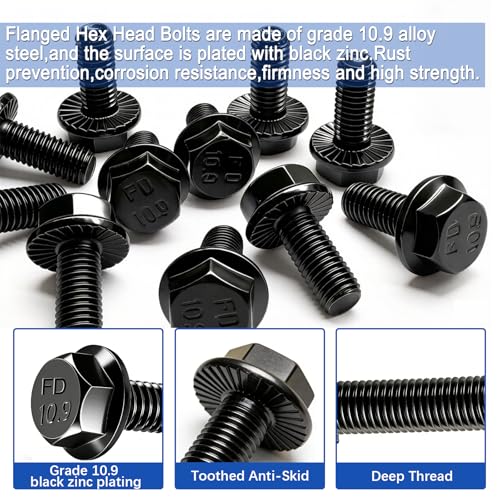 Image of Taiss 20PCS M8-1.25 x 35mm Metric Flange Hex Head Bolts,Hex Drive Screws 10.9 Black Zinc Plated Alloy Steel,m8x1.25 Bolt,Full Thread Hex Bolts