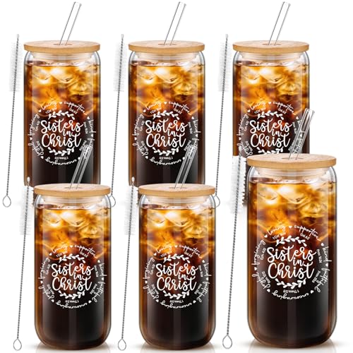 Yetene 6 Set Sister in Christ Gifts for Women 16 oz Glass Cup with Lids and Straw Inspirational Scripture Tumbler Glass Christian Spiritual Gift for Best Friend Sister in Christ Bestie Birthday