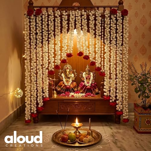 Image of ALOUD CREATIONS 6Pc Decorative Artificial Mogra (Jasmine) Flower Garlands String with Rose for Diwali, Home Decoration, Pooja Room, Wall Hanging Toran, Main Door Wedding Decor - 2.5 feet / 30 inches