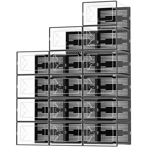 OLIXIS Shoe Storage Boxes, 15-Pack Clear Stackable Shoe Organizers with Lids, Sneaker Display and Storage Containers for Closet, Under Bed, Entryway, Black by OLIXIS - Used condition - US$30.25