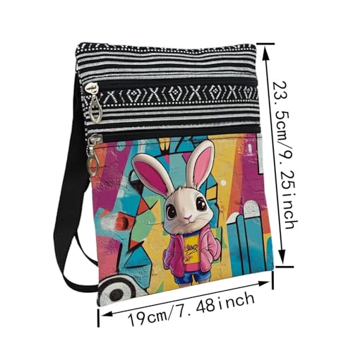 Street Art Rabbit Messenger Bag Small Ethnic Pattern Printed Adjustable Strap Crossbody Zipper Bag Street Art Rabbit Phone Bag Wallet Cute Shoulder Handbag for Women Friends -22