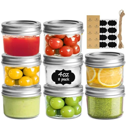 ComSaf Mini Mason Jars 4oz - 8 Pack, Regular Mouth Mason Jar with Lids and Seal Bands, Small Glass Canning Jar for Spice, Jam, Honey, Jelly, Dessert, Shower Wedding Favors, DIY Candles Decor