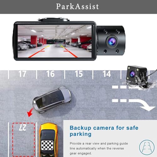 XRC TECH Câmeras 3CHs Dash Cam para carros, gravação frontal HD 1080P interna e traseira, luz de cab