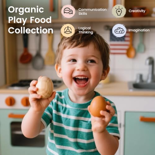 Image of Tiny Land Wooden Play Food for Kids Kitchen, Pretend Food Egg Set Toy