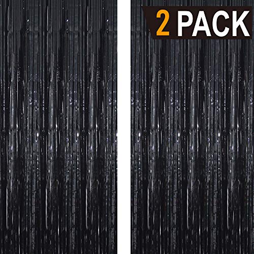 Image of GOER 6.4 ft x 9.8 ft Metallic Tinsel Foil Fringe Curtains,Pack of 2 Party Streamer Backdrop for Birthday,Graduation Decorations and New Year Eve (Black)