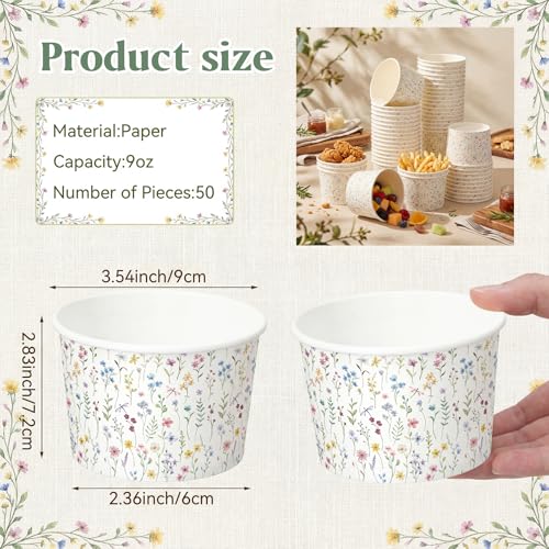 Image of Funnymoom 50 Pack Wildflower Ice Cream Cups 9 oz Spring Floral Disposable Dessert Bowls Flower Paper Soup Bowls Snack Cups for Hot or Cold Food Summer Tea Wedding Baby Shower Birthday Party Supplies