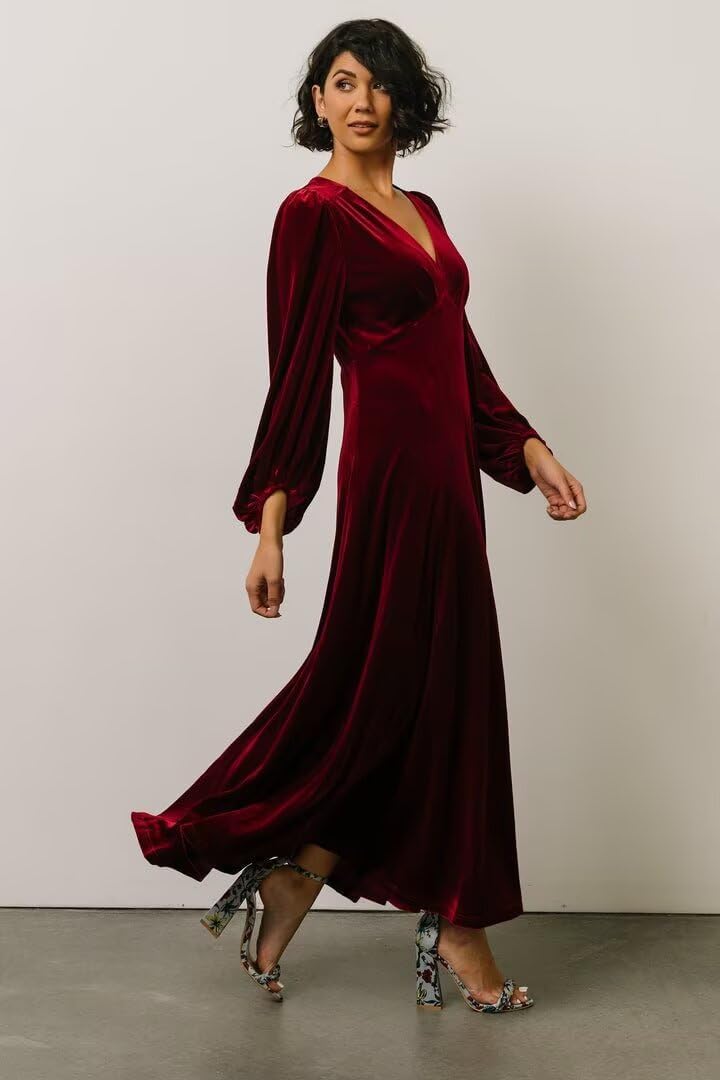 Women's Velvet Maxi Bridesmaid Dresses Long Sleeve V Neck A Line Formal Wedding Guest Gown