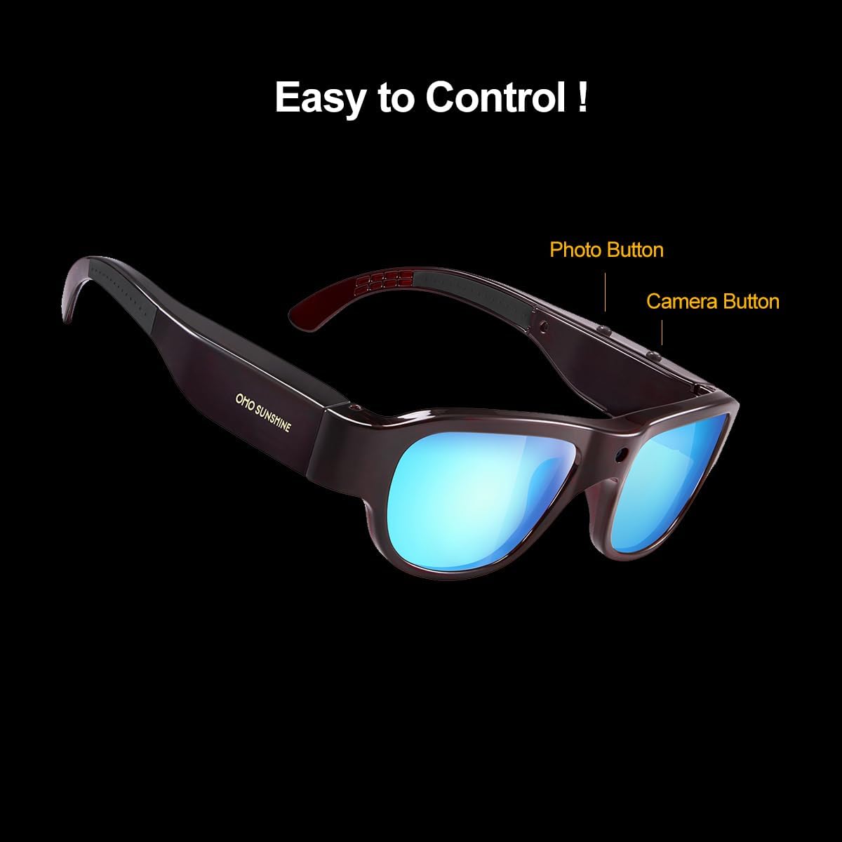 OhO sunshine High Resolution Camera Glasses, 64GB Full HD 1080P Video Indoor and Outdoor with Built in 16MP Camera and Blue Polarized UV400 Lens