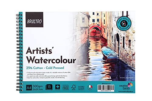 Image of BRUSTRO Artist's Watercolour Paper Pad | 300 GSM, A4, 25% Cotton, Cold Pressed | Pack of 15 Sheets | Wiro Bound, Spiral, Ideal for Professional Drawing, Painting, Dry & Wet, Fine Art Students