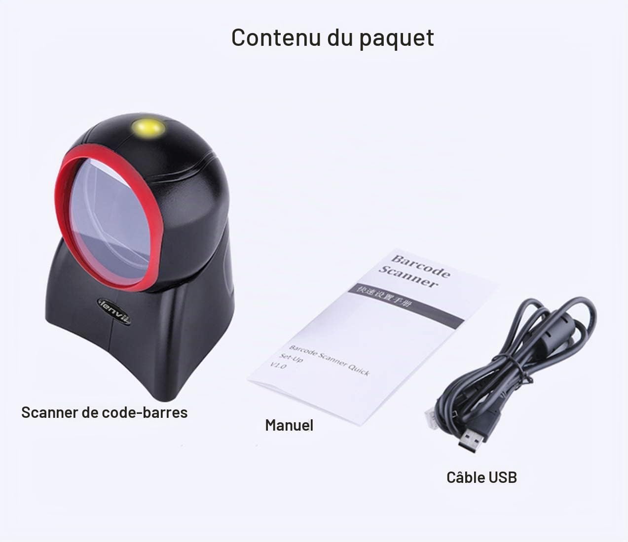 LENVII Omnidirectional Auto Lecteur de Code Barre USB,Scanner Code à Barres Mains Libres 1D/2D/QR Barcode Scanner,Scanner Code Barre pour POS PC Supermarché Librairie Retail Mall