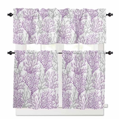 3 Piece Kitchen Curtains and Valances Set Coral Purple Cafe