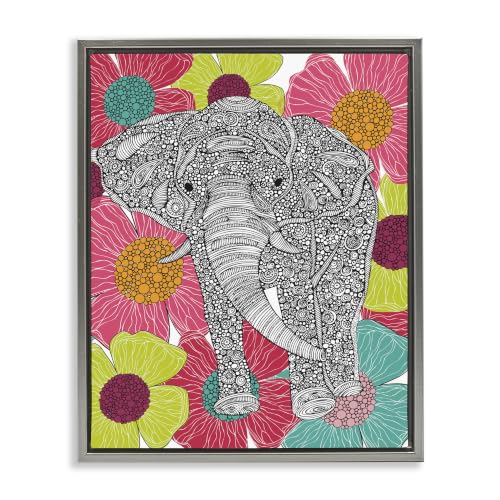 Modern Elephant Floral Pattern, 17 x 21 Inch Canvas in Floater Frame