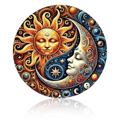 Image of Vintage Metal Tin Sign, Celestial Sun and Moon Round Aluminum Wall Art, Cosmic Design Celestial Decor for Bedroom Living Room, Wall Decor for Man Cave Outdoor Courtyard, Astronomy Gifts for Home