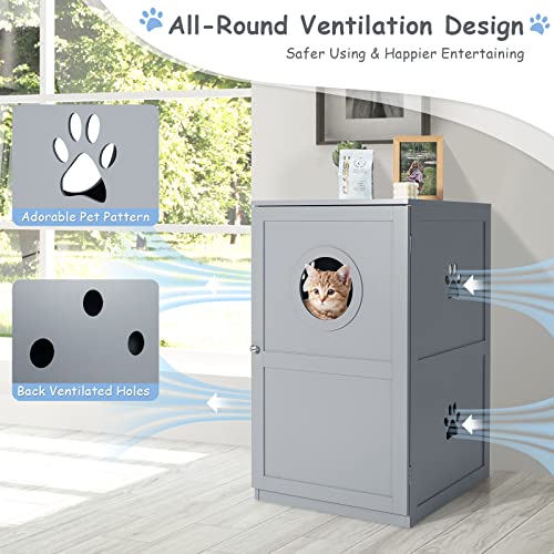 Tangkula 2-Tier Litter Box Enclosure, Cat House W/Anti-Toppling Device, Privacy Cat Washroom Bench W/Multiple Vents & Entrance Hole, Enclosed Cat Litter Box Furniture Hidden For Large Cat (Grey) #TOP6