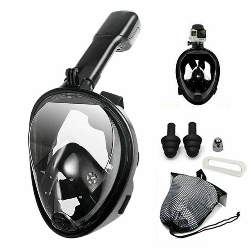 VBM Full Face Snorkeling Mask Diving Gear - Latest Dry Top System,180 Degree Panoramic View Snorkeling Mask with Camera Mount,Safe Breathing,Anti-Leak Anti-Fog-Swim Fins (Black - L/XL)