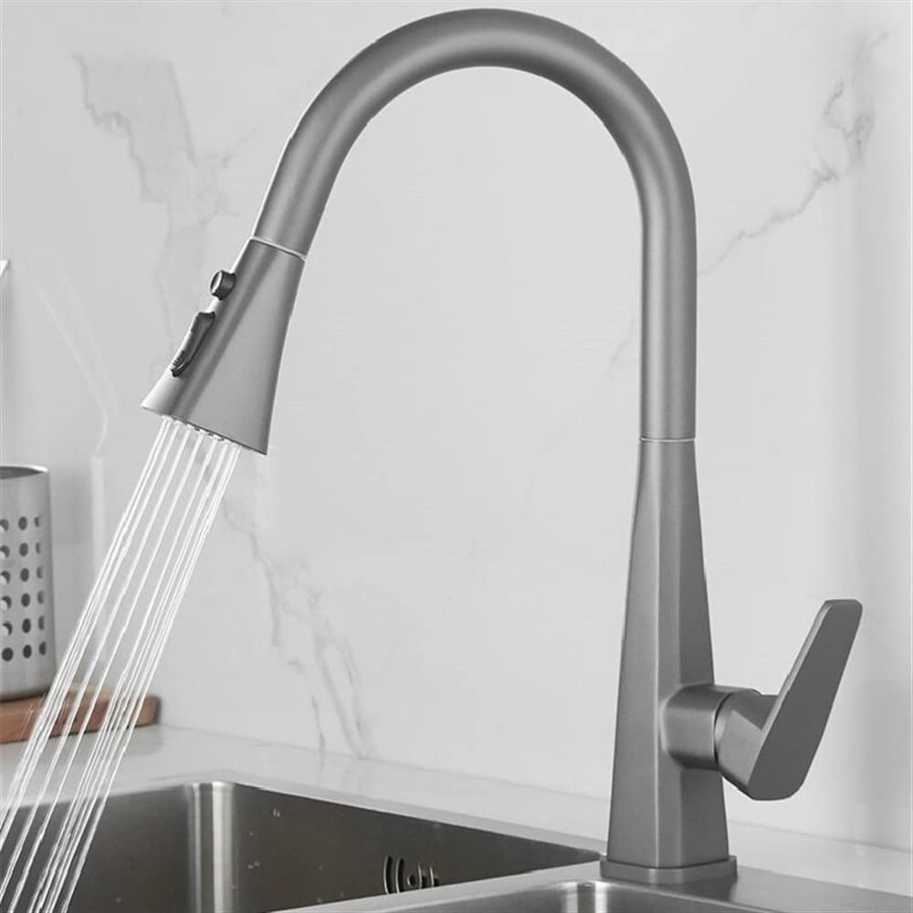 SnamicE Kitchen Tap Mixer Copper Kitchen Sink Faucets, Hot & Cold Mixer Soild Brass Tap, Pull Out Single Handle Deck Mounted 360 Degrees Rotating,Grey