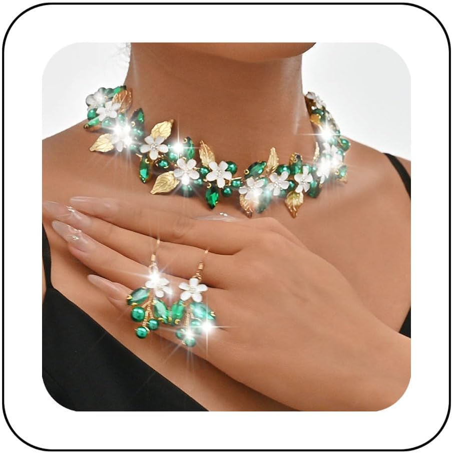 Unicra Flower Bridal Wedding Jewelry Set Gold Green Crystal Necklace Earrings Sets Pearl Formal Costume Jewelry for Women and Brides