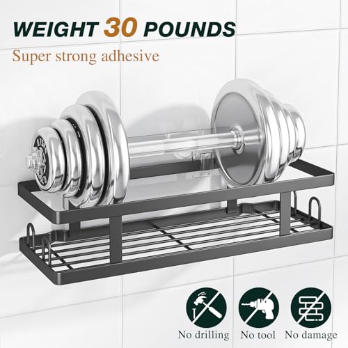 Adhesive Shower Caddy,Shower Shelves with Soap Holder and 12 Hooks,Rustproof No Drilling Bathroom Organizer and Storage,Black,3 Pack - Image 5