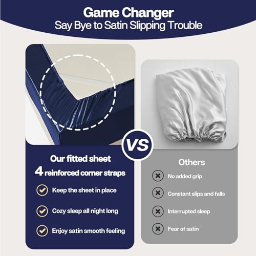 MR&HM Satin Fitted Sheet King Size, Silky Bottom Sheet with Elastic Corner Straps, Deep Pocket up to 15 Inch, No More Slipping Off for Mattress - 1 Fitted Sheet Only (Navy Blue) by MR&HM - Used condition - Image 3