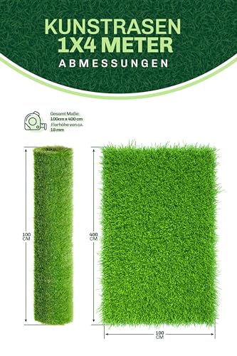 Kunstrasen 1x4 Meter – Täuschend Echter, Pflegeleichter Grasteppich für Balkon, Terrasse & Garten, Weiche Textur, UV-Beständig, Leicht Zuschnittbar, mit Drainagelöchern, Robust & Langlebig