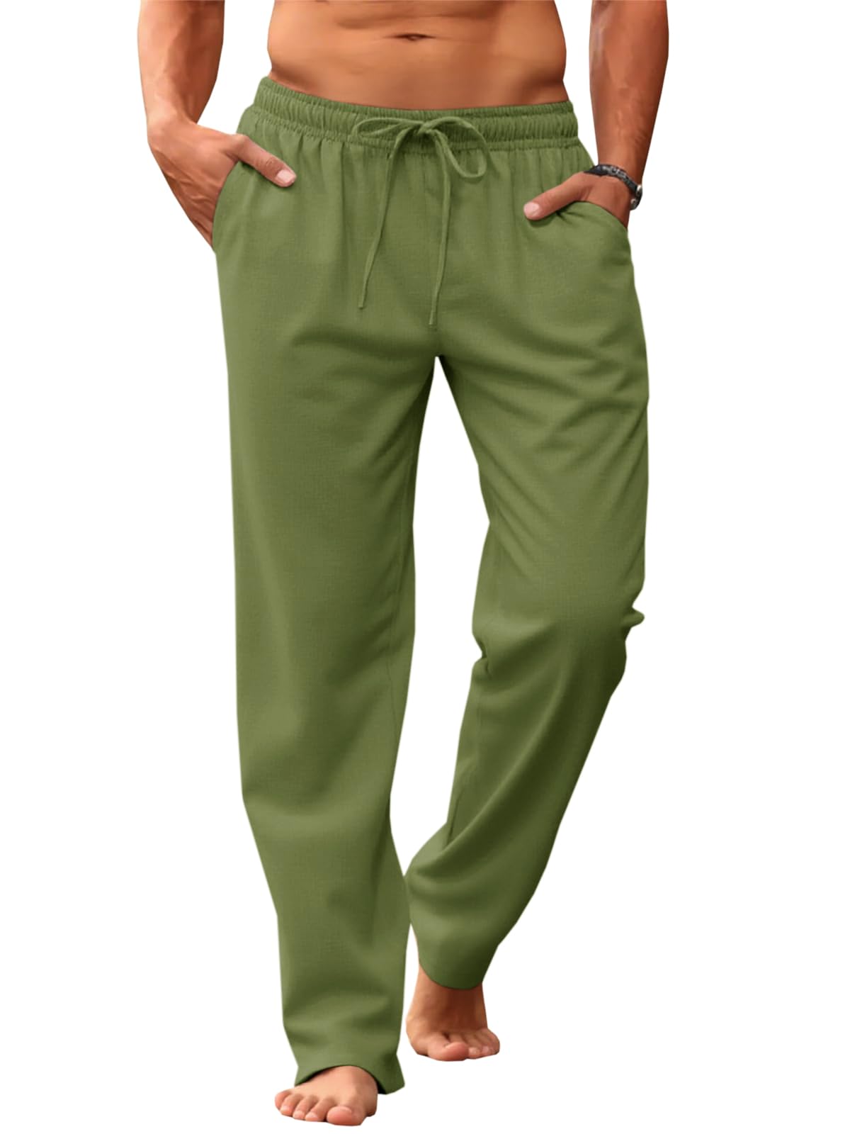 Makkrom Mens Casual Pants Drawstring Elastic Waist Lightweight Linen Pants Loose Fit Summer Beach Yoga Trousers