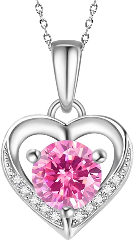 Heart Necklace for Women,925 Sterling Silver Birthstone Pendant, Necklace Pendant with Titanium Steel Chain 16+2", Women's Romantic Jewelry Gift for Birthday