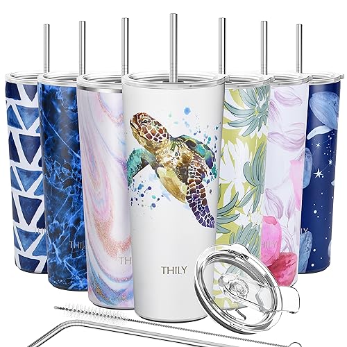 THILY Stainless Steel Vacuum Insulated Tumbler Travel Mug 26 oz Coffee Cup with 2 Lids and Straws, Splash Proof