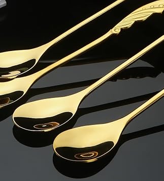 10 Pieces Stainless Steel Wing Coffee Spoon Dessert Spoon Sugar Spoon Ice Cream Spoon Stirring Spoon Tea Spoon Milkshake Spoon Set for Tableware Kitchen, Cafe or Bar Gold 4.7 inch