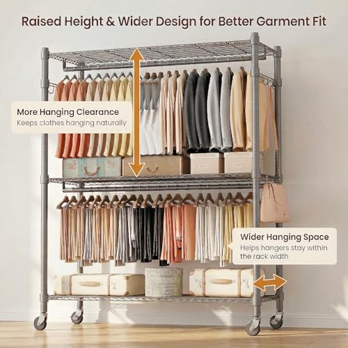 Image of Homdox Rolling Clothes Rack Heavy Duty, 3-Tier Adjustable Wire Shelving Garment Organizer with Double Rods & Hooks, Portable Clothes Rack with Wheels, 17.72 inch D x 47.24 inch W x 80.71 inch H, Grey