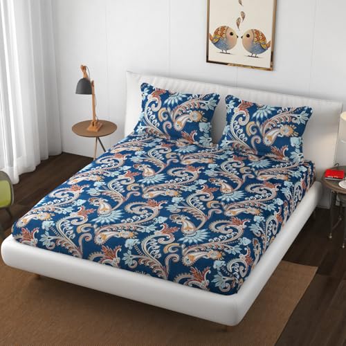 Image of Premium Heavy Cotton Elastic Fitted Bedsheets with 2 King Size Pillow Covers || Double Bed with All Around Elastic 350 TC || 72 x 78 x 10 Inch King Size Fitted || - Blue Jaipuri