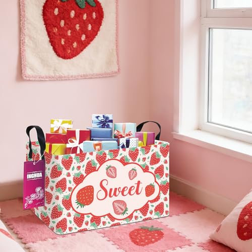 Image of Rectangular Storage Basket Fabric Organizer Bin for Toys,Books,Clothes,Gifts,Pets-Perfect for Home,Office,Nursery,Dorm,Shelf(Rec-strawberry)