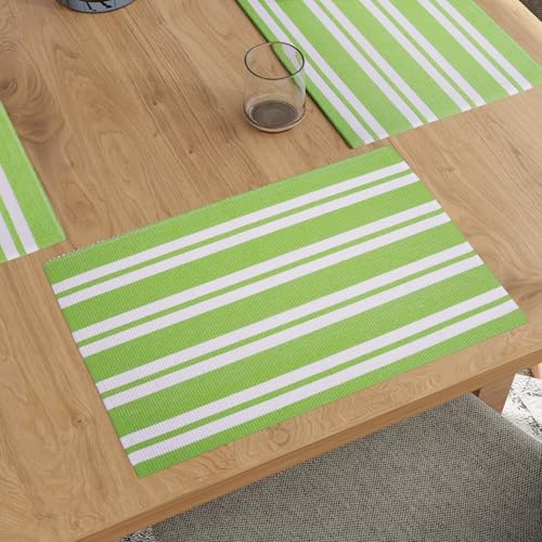 Image of Encasa XO Dining Table Mats Set of 6, 46x32 cm | Handmade Franca Lime Stripes Ribbed Cotton Table Mat | Heat-Resistance Table Placemats, Non-Slip, Washable & Durable Place mat for Dining Table